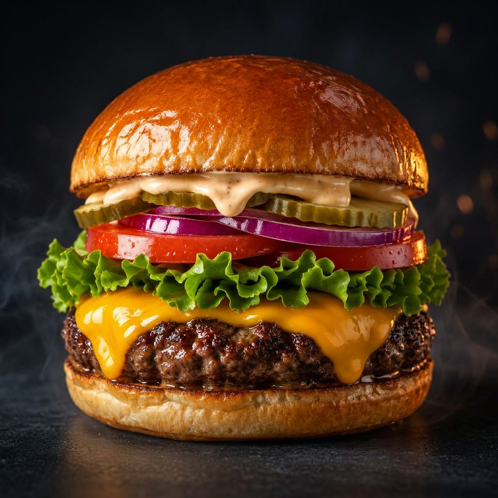 Hambúrguer clássico de carne, cheddar e vegetais